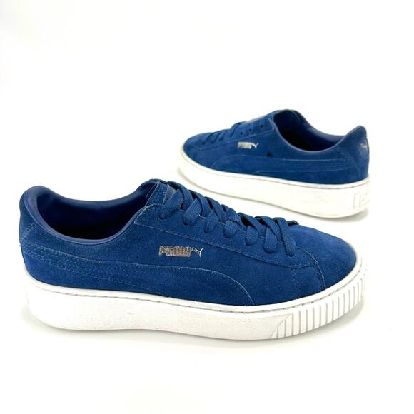 Puma Elemental Women Sneaker Size 8 Blue Suede Platform Lace-Up Low-Top Comfort - Picture 2 of 15